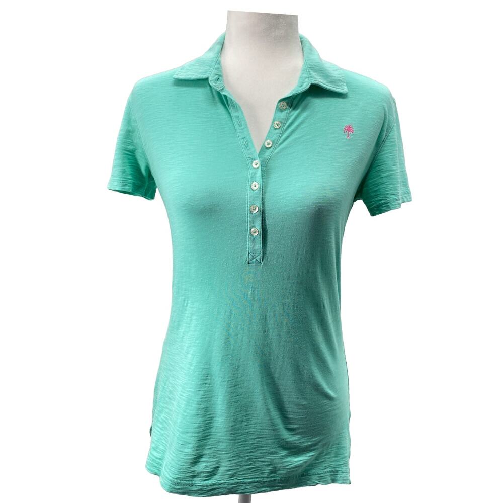Lilly Pulitzer Women Small Green Polo Shirt Pink Palm Logo